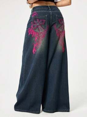 ROMWE Grunge Punk Goth Cross Embroidered Rhinestone Baggy Wide Leg Jeans XL